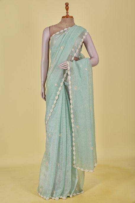 organza tissue mint cream sea green saree with blouse