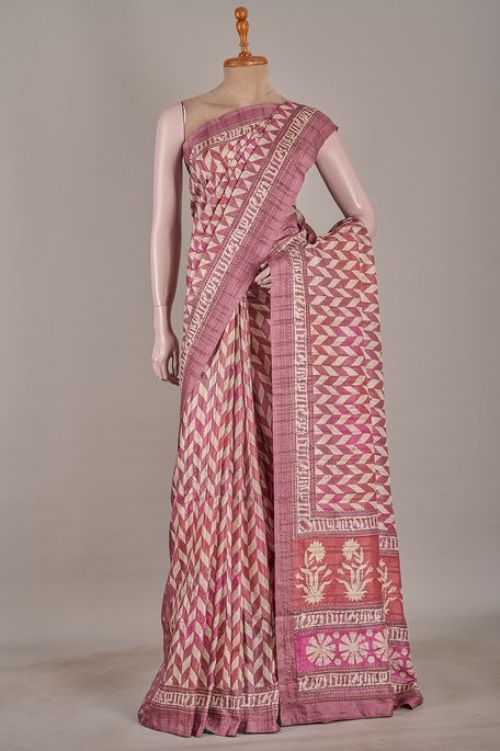 tussar natural beige tussar dark onion pink dark old rose pink saree with blouse