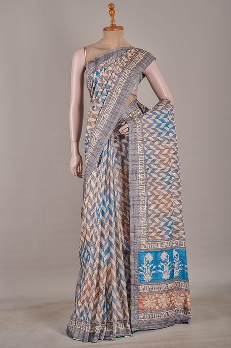 tussar natural beige tussar pottery blue light steel grey saree with blouse