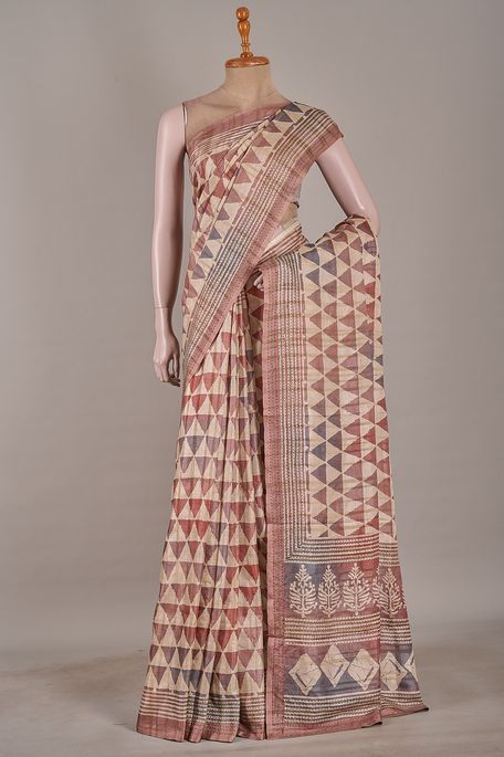 tussar natural beige tussar dark malt brown light steel grey saree with blouse