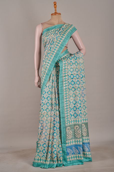tussar light aqua sapphire blue natural beige tussar light persian sea green saree with blouse