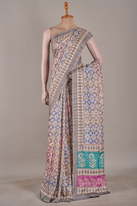 tussar natural beige tussar dusky blue grey marine blue saree with blouse