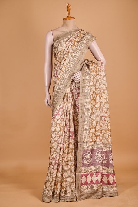 tussar tan brown earth olive green dark lavender pink saree with blouse