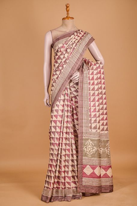 tussar natural beige tussar chocolate brown dark onion pink saree with blouse