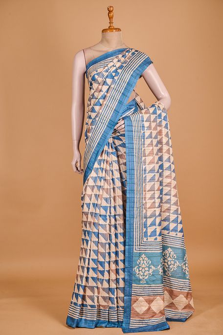 tussar natural beige tussar dark marine blue chocolate brown saree with blouse