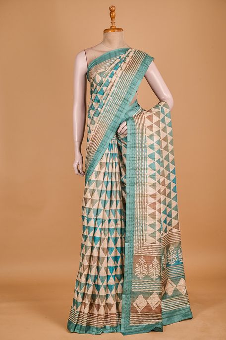 tussar natural beige tussar chocolate brown light persian sea green saree with blouse
