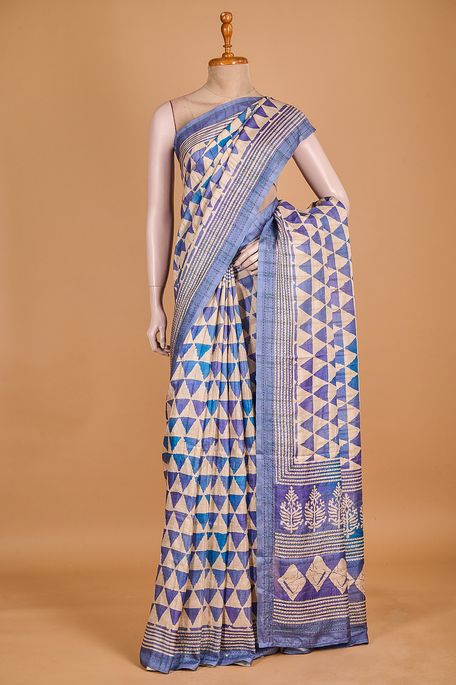 tussar natural beige tussar dark marine blue lavender purple saree with blouse