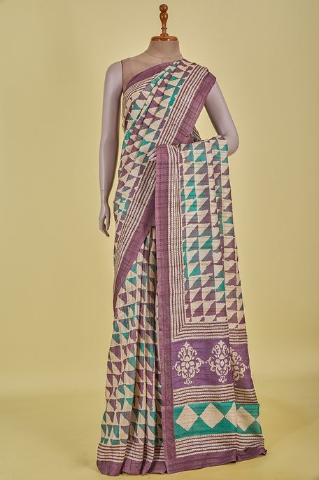 tussar natural beige tussar deep salmon pink light persian sea green saree with blouse