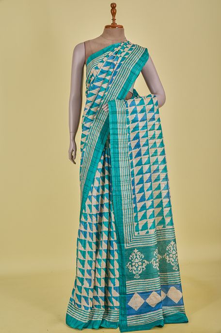tussar natural beige tussar dark marine blue light persian sea green saree with blouse