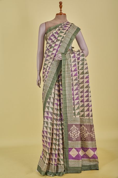 tussar natural beige tussar olive green purple violet saree with blouse