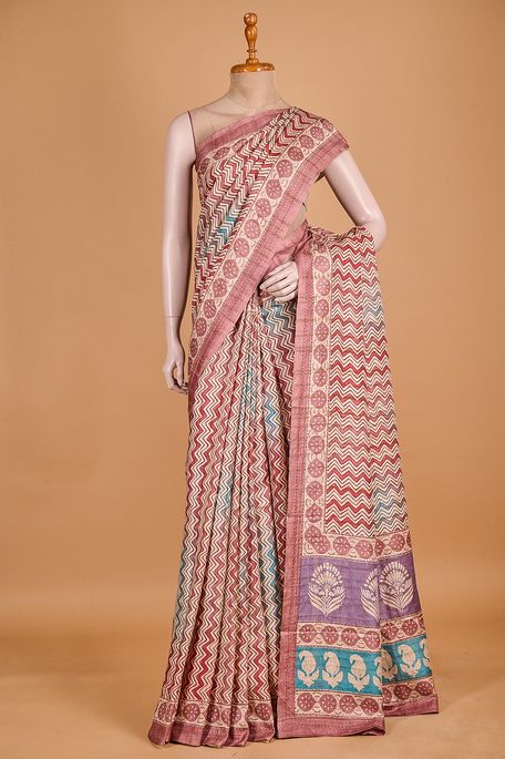 tussar natural beige tussar dark pottery blue dark onion pink saree with blouse