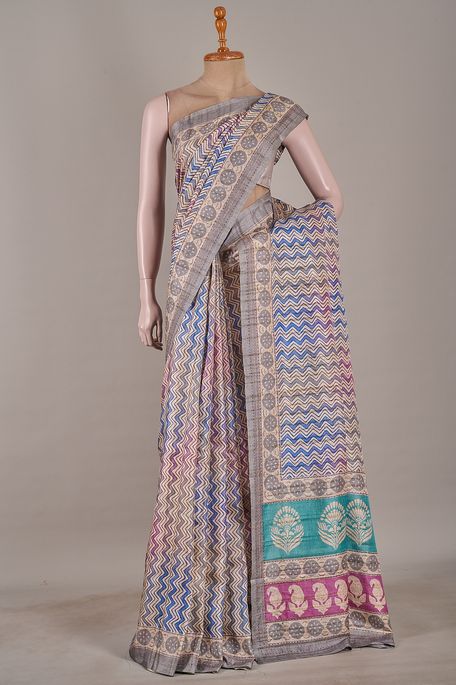 tussar natural beige tussar dark marine blue light steel grey saree with blouse