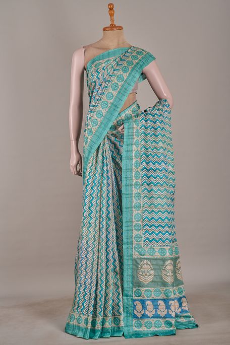tussar natural beige tussar light persian sea green light turquoise blue saree with blouse