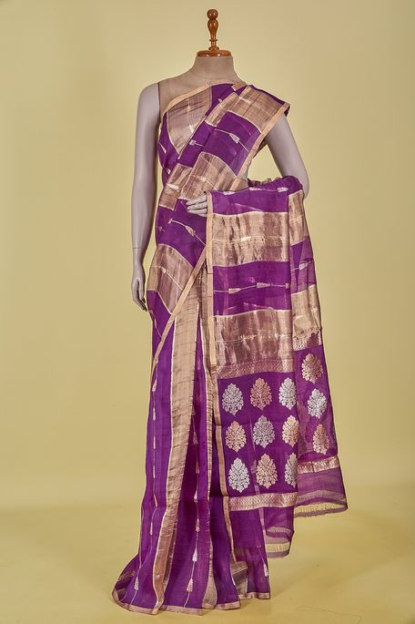 Banarasi organza tissue dark violet purple saree with blouse