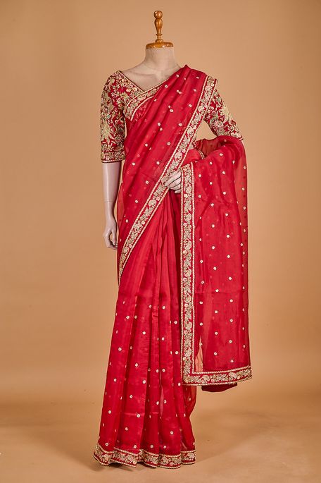organza dark red saree with stitched blouse