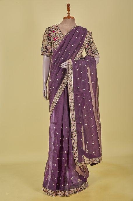 organza dark violet purple saree with stitched blouse