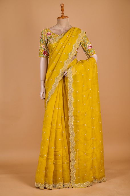 organza mustard olive green saree with stitched blouse