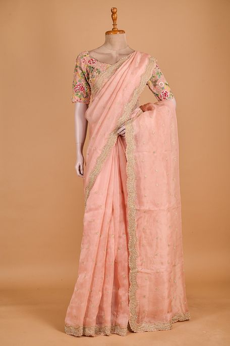 organza light salmon onion pink saree with stitched blouse