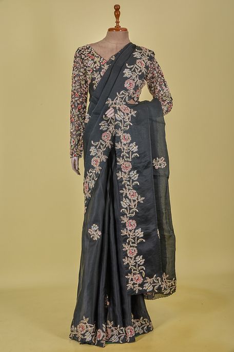organza satin black saree with stitched blouse