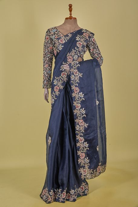 organza satin navy blue saree with stitched blouse
