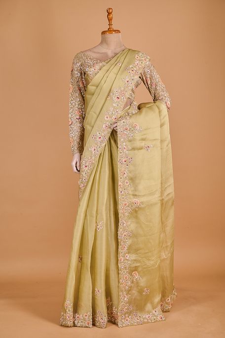 organza satin light earth olive green saree with stitched blouse