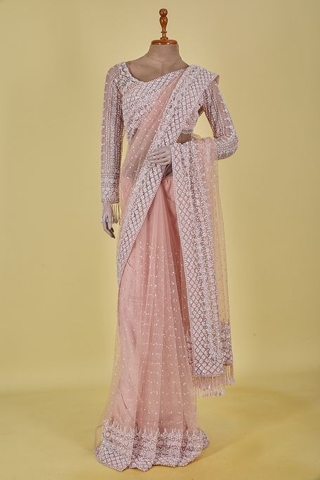 net / tule light pink saree with stitched blouse