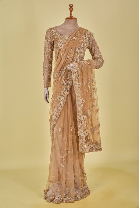 net / tule sand brown saree with stitched blouse
