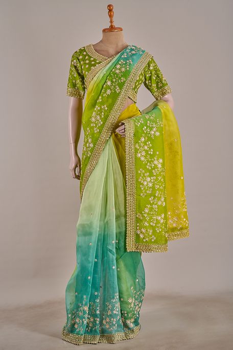 organza light teal blue fig green light lime green saree with stitched blouse