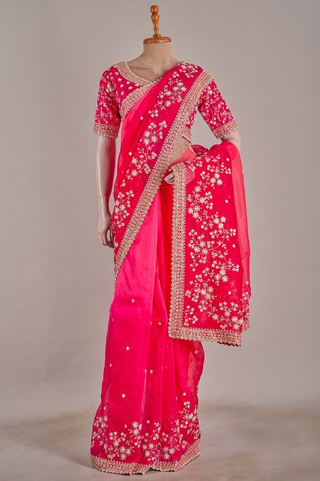 organza peach pink fuschia pink saree with stitched blouse