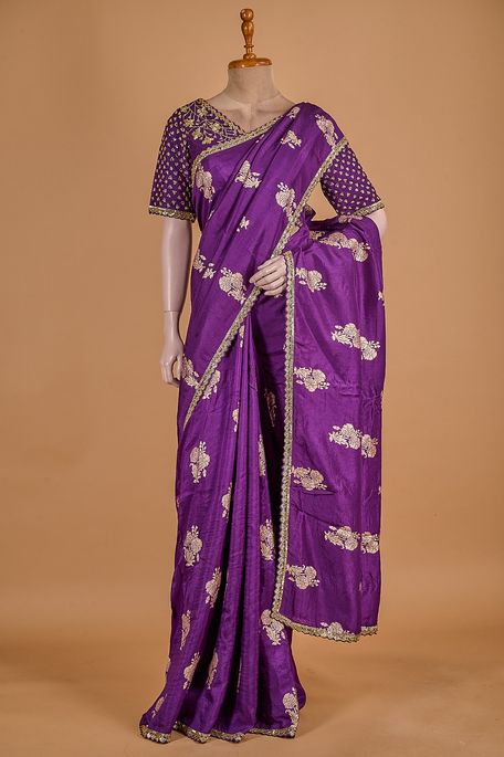 dupion dark violet purple saree with stitched blouse