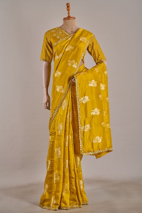 dupion mustard olive green saree with stitched blouse