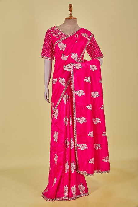 dupion fuschia pink saree with stitched blouse