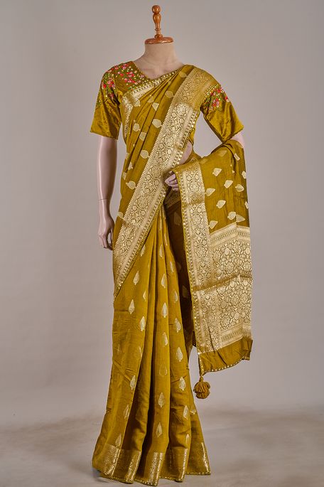 tussar olive green saree with stitched blouse