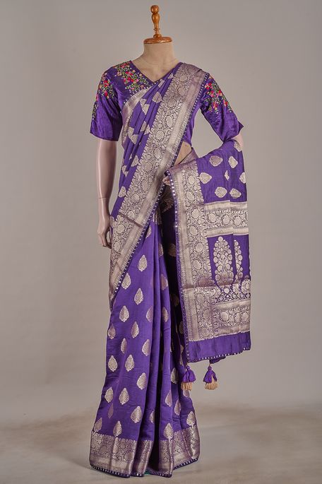 tussar dark violet purple saree with stitched blouse