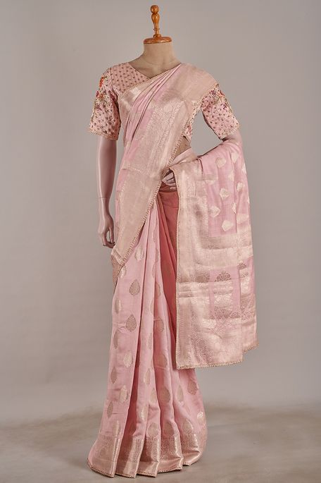 tussar light salmon onion pink saree with stitched blouse