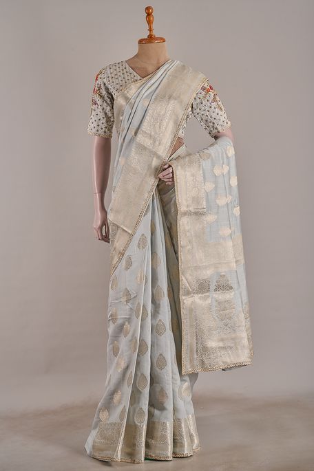 tussar light sea green dew saree with stitched blouse