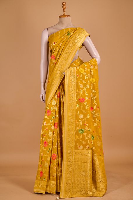 georgette dark mustard saree with blouse