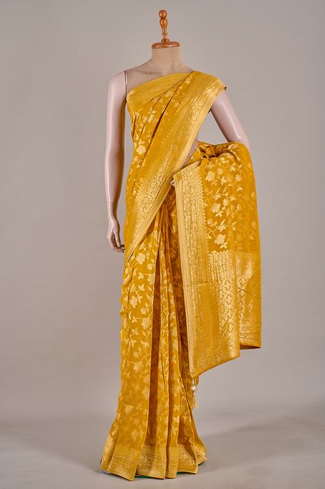 georgette dark mustard saree with blouse