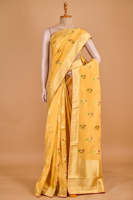 georgette tissue light vanila yellow saree with blouse