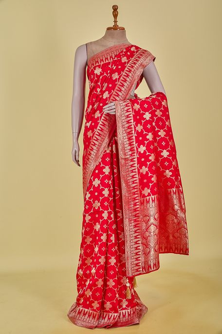 Lehrayia- dupion blood red saree with blouse