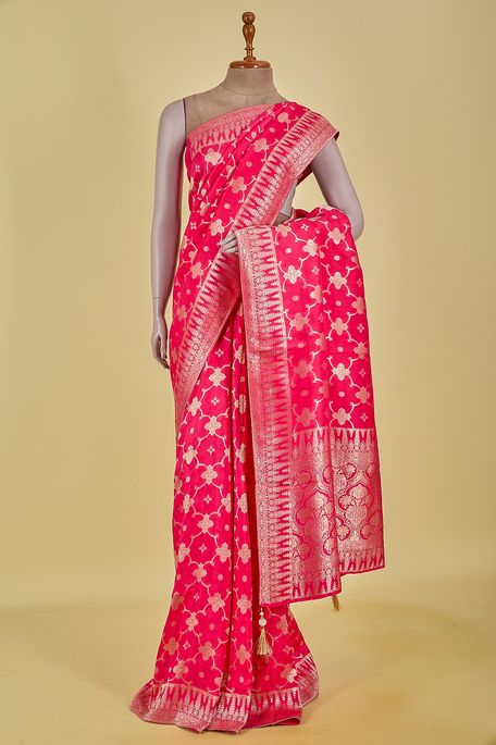 Lehrayia- dupion fuschia pink saree with blouse
