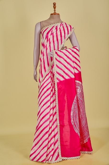 Lehrayia- dupion light beige fuschia pink saree with blouse