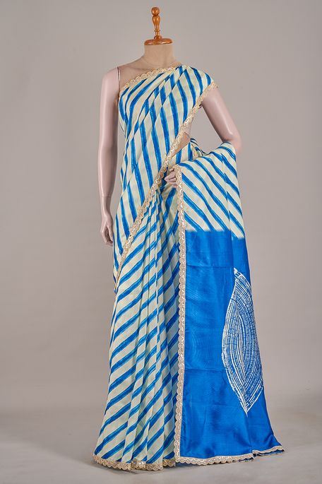 Lehrayia- dupion light beige dark pottery blue saree with blouse