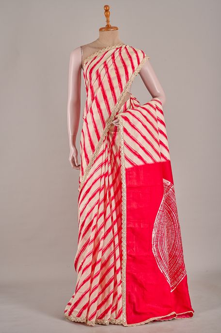 Lehrayia- dupion light beige blood red saree with blouse