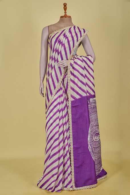 Lehrayia- dupion light beige dark violet purple saree with blouse