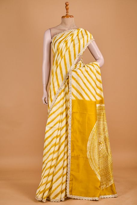 Lehrayia- dupion light beige dark mustard saree with blouse