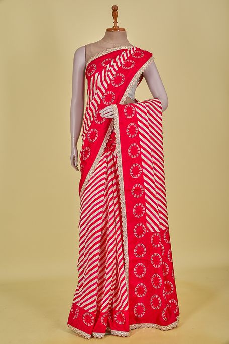 Lehrayia- dupion light beige fuschia pink blood red saree with blouse