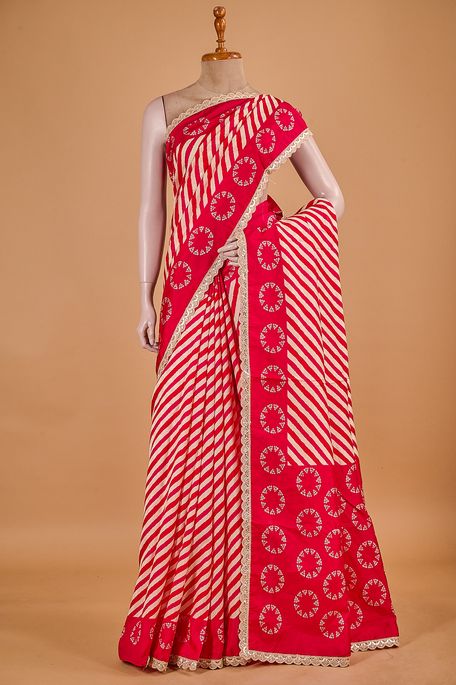 Lehrayia- dupion light beige fuschia pink blood red saree with blouse