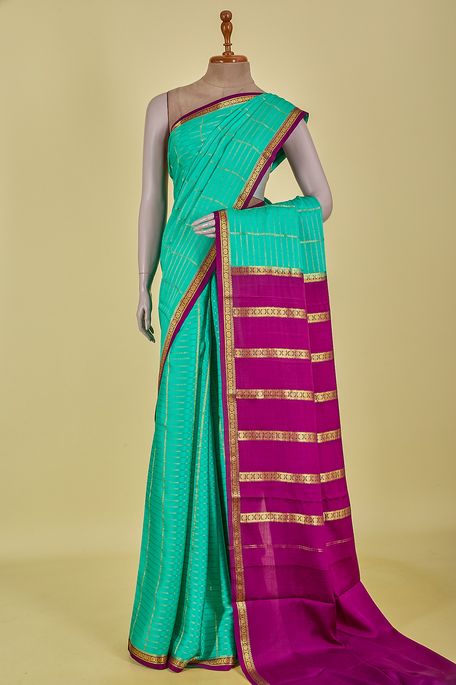 Mysore crepe mint cream sea green saree with blouse