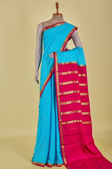 Mysore crepe light turquoise blue saree with blouse